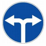 406 Važiuoti į dešinę arba į kairę (Leidžiama važiuoti tik rodyklių kryptimis ir apsisukti. Kelio ženklas galioja toje važiuojamųjų dalių sankirtoje, prieš kurią jis pastatytas. Kelio ženklo reikalavimai netaikomi maršrutiniam transportui)